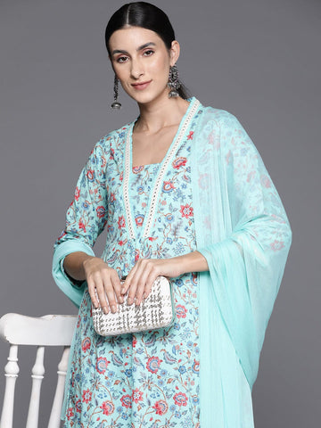 Blue Floral Printed A-Line Kurta With Three Quarter Sleeves Paired With Printed Bottom And Solid Chiffon Dupatta